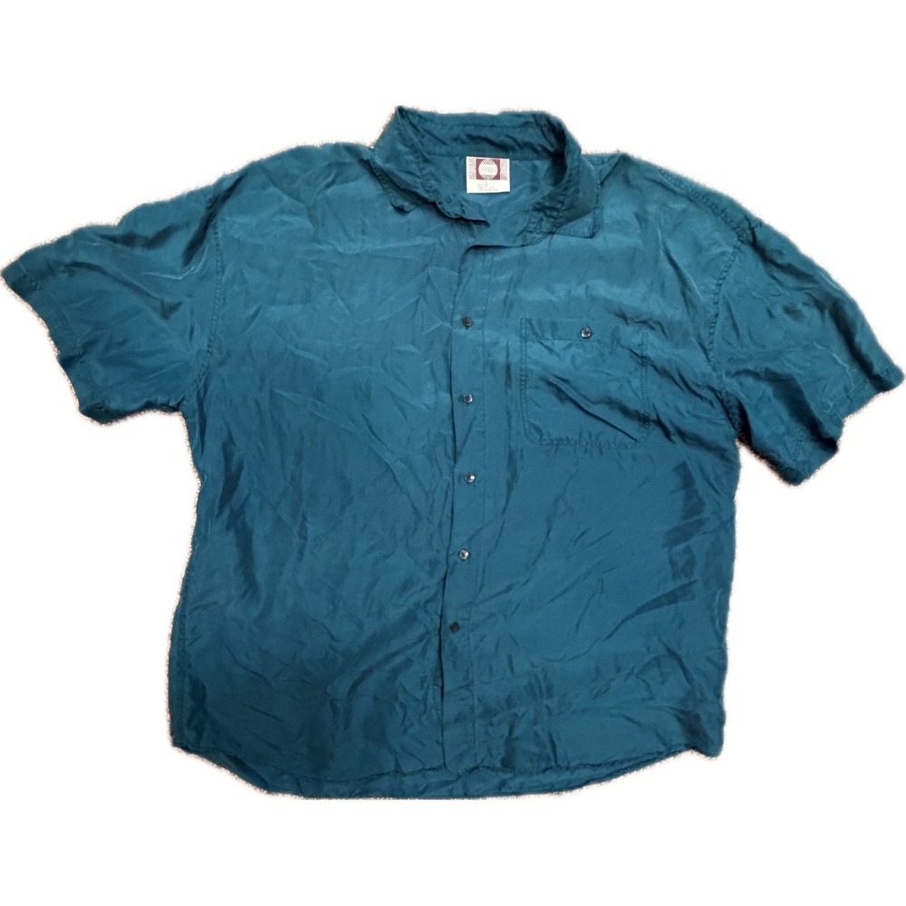 Chiamare Mens XL Silk Short Sleeve Button Down Shirt Teal Blue Camp Collar